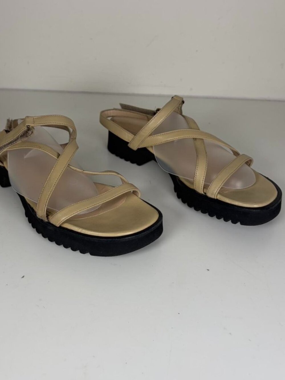 2000s Nude Leather Strappy Chunky Heel Sandals